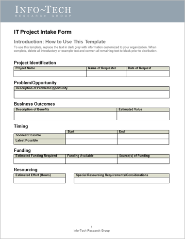 A screenshot of Info-Tech's IT Project Intake Form is depicted.