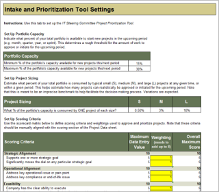 A screenshot of Info-Tech's IT Steering Committee Project Prioritization Tool is depicted. The page depicted is on the Intake and Prioritization Tool Settings.