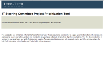 A screenshot of Info-Tech's IT Steering Committee Project Prioritization Tool is depicted. The first page of the tool is shown.