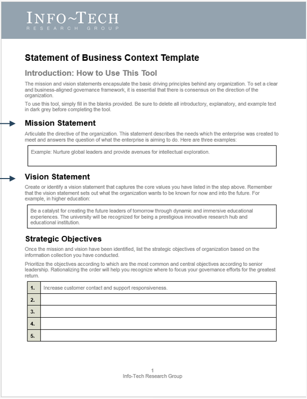 Sample of Info-Tech's Statement of Business Context Template with the Mission and Vision Statements.