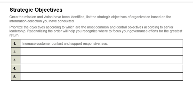 Sample of Info-Tech's Statement of Business Context Template with Strategic Objectives.
