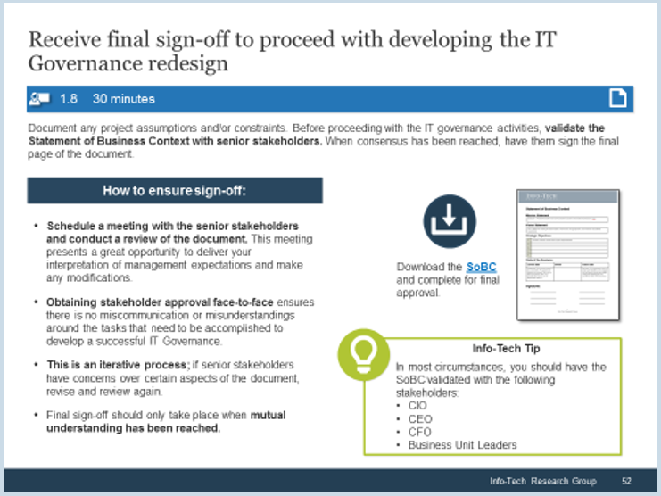 Sample of activity 1.8 'Receive final sign-off to proceed with developing the IT Governance redesign'.