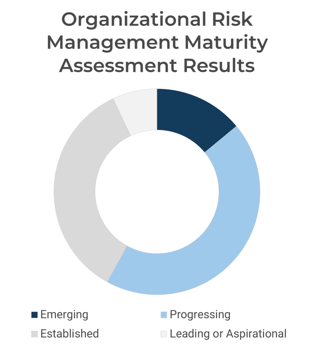 Pie chart titled 'Organizational Risk Management Maturity Assessment Results' showing just under half 'Progressing', a third 'Established', a seventh 'Emerging', and a very small portion 'Leading or Aspirational'.