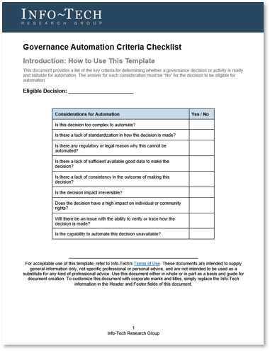 Sample of the Governance Automation Criteria Checklist.