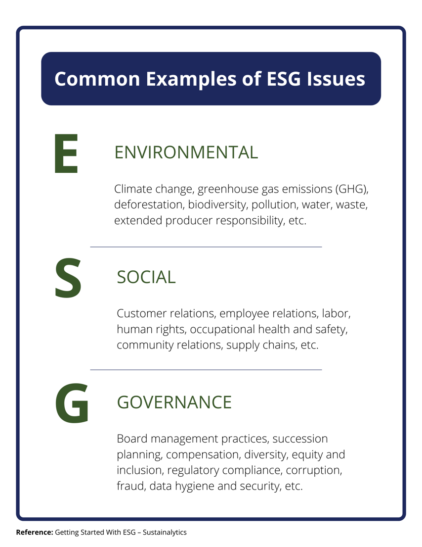 Common examples of ESG issues include: Environmental: Climate change, greenhouse gas emissions (CHG), deforestation, biodiversity, pollution, water, waste, extended producer responsibility, etc. Social: Customer relations, employee relations, labor, human rights, occupational health and safety, community relations, supply chains, etc. Governance: Board management practices, succession planning, compensation, diversity, equity and inclusion, regulatory compliance, corruption, fraud, data hygiene and security, etc. Source: Getting started with ESG - Sustainalytics