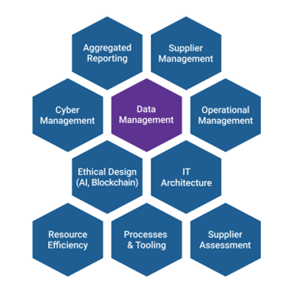 Data Management: Aggregated Reporting; Supplier Management; Cyber Management; Operational Management; Ethical Design(AI, Blockchain); IT Architecture; Resource Efficiency; Processing & Tooling; Supplier Assessment.