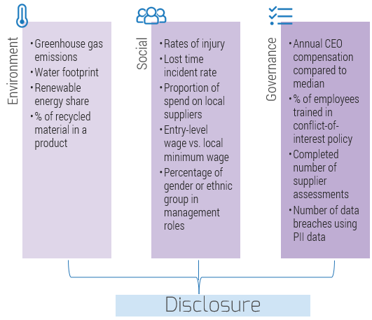 Example metrics for environment include greenhouse gas emissions, water footprint, renewable energy share, and % of recycled material. Example social metrics include rates of injury, proportion of spend on local supplies, and percentage of gender or ethnic groups in management roles. Example governance metrics include annual CEO compensation compared to median, number of PII data breaches, and completed number of supplier assessments.