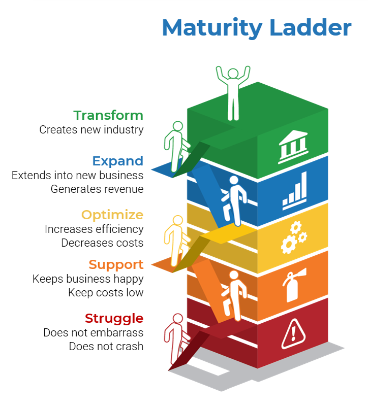 A colorful visualization titled 'Maturity Ladder' detailing levels of IT function that a business may choose from based on the business executives' perspectives of IT. Starting from the bottom: 'Struggle', Does not embarrass, Does not crash; 'Support', Keeps business happy, Keeps costs low; 'Optimize', Increases efficiency, Decreases costs; 'Expand', Extends into new business, Generates revenue; 'Transform', Creates new industry.