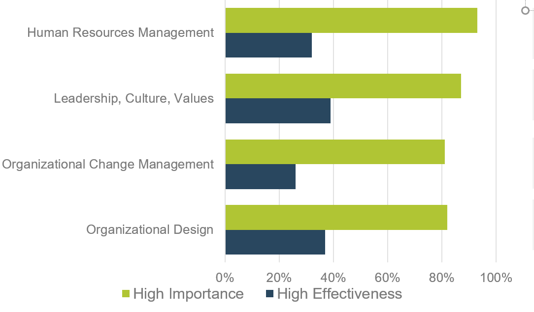 A bar graph, with the following organization and leadership processes listed on the Y-axis: Human Resources Management; Leadership, Culture, Values; Organizational Change Management; and Organizational Design. The bar graph shows that over 80% of IT leaders rate these processes as High Importance, but less than 40% rate them as having High Effectiveness.