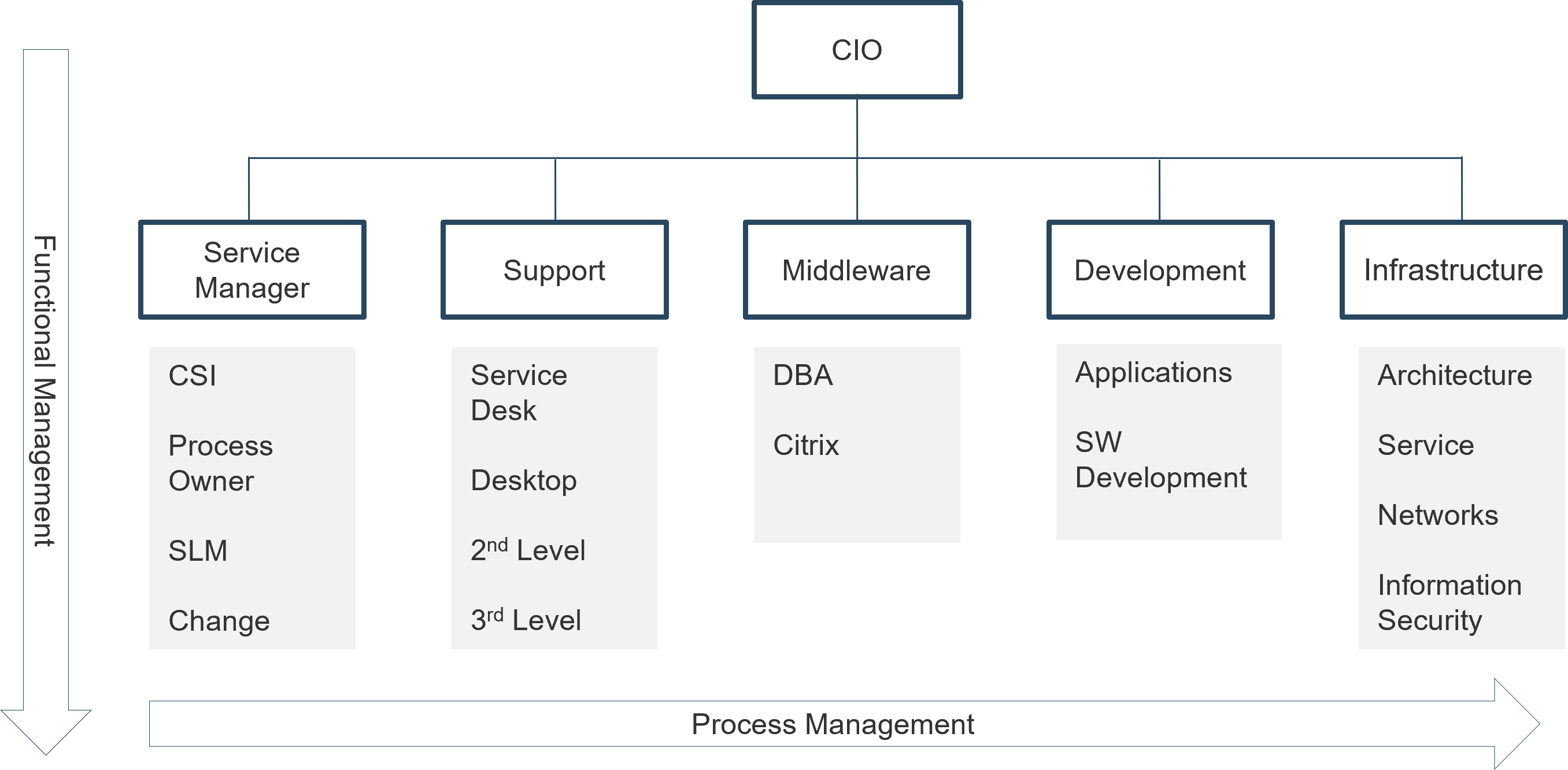 A centralized process ownership model is shown. The CIO is at the top and the following are branches below it: Service Manager, Support, Middleware, Development, and Infrastructure.