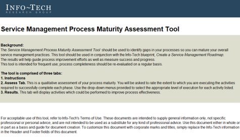 A screenshot of Info-Tech's Service Management Process Assessment Tool is shown.