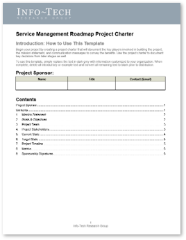 A screenshot of Info-Tech's Service Management Roadmap Project Charter is shown.