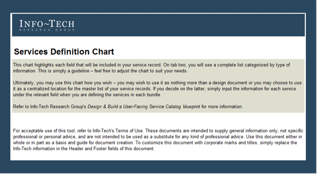 This image contains a screenshot from Info-Tech's Services Definition Chart.