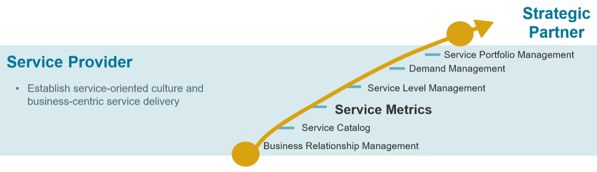 Visualization of 'Business Relationship Management' with an early point on the line representing 'Service Provider: Establish service-oriented culture and business-centric service delivery', and the end of the line being 'Strategic Partner'.