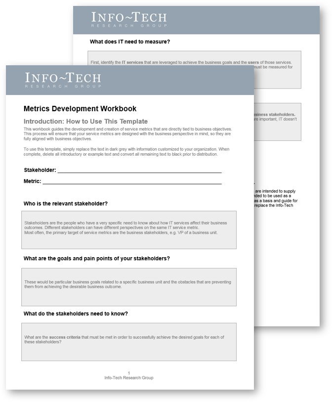 Sample of Phase 1 of Info-Tech's service metric development package, 'Design Your Metrics'.