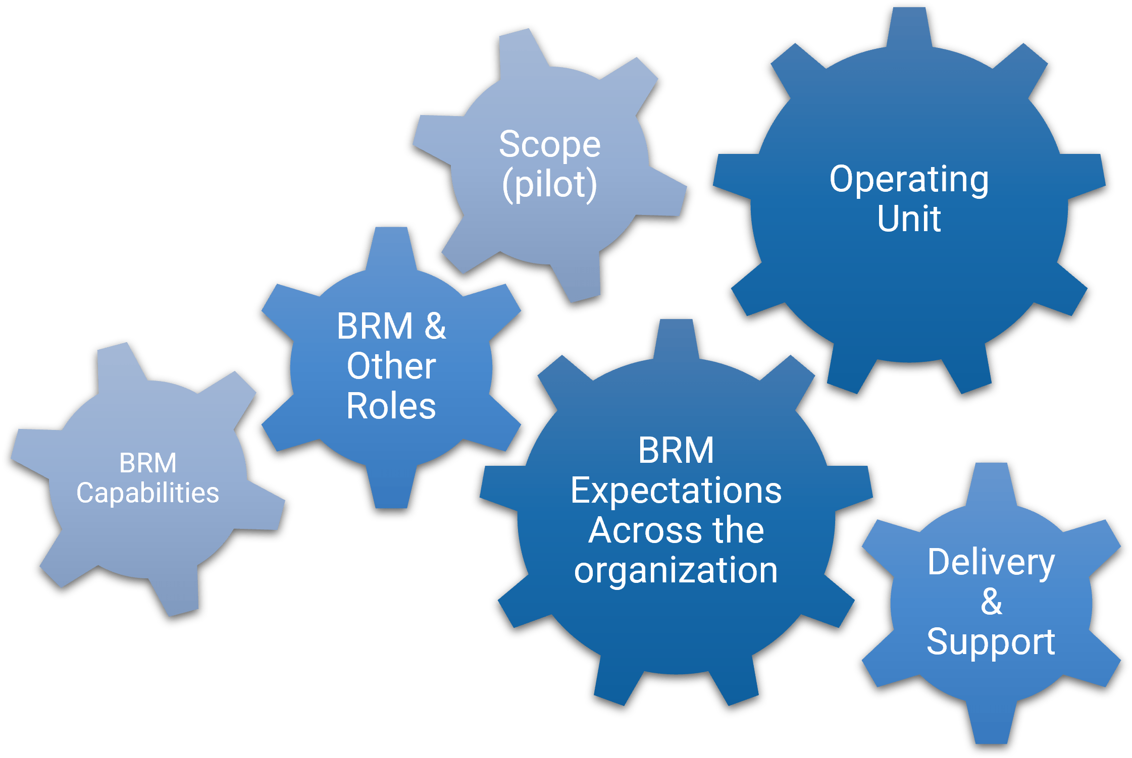 Gears with different BRM model terms: 'BRM Capabilities', 'BRM & Other Roles', 'Scope (pilot)', 'Operating Unit', 'BRM Expectations Across the organization', and 'Delivery & Support'.