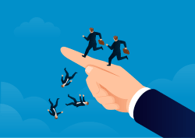 Stock image of multiple business people running off the end of a pointed finger like lemmings.