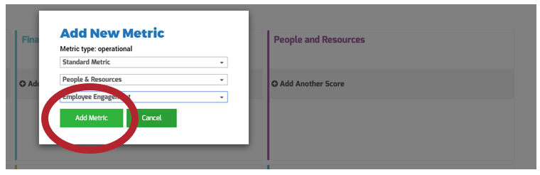 The image is a screen capture of the Add New Metric function. The metric type selected is Standard Metric. The green Add Metric button at the bottom is circled in red.