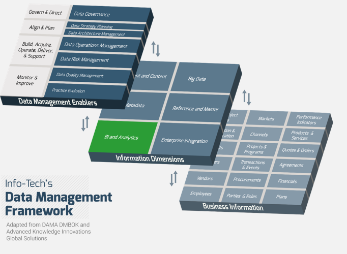 The image is the Information Dimensions layer of Info-Tech’s Data Management Framework
