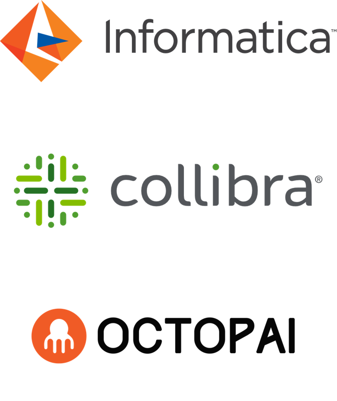 The image contains logos of the AI-assisted decision-making tools. Informatica, collibra, OCTOPAI.