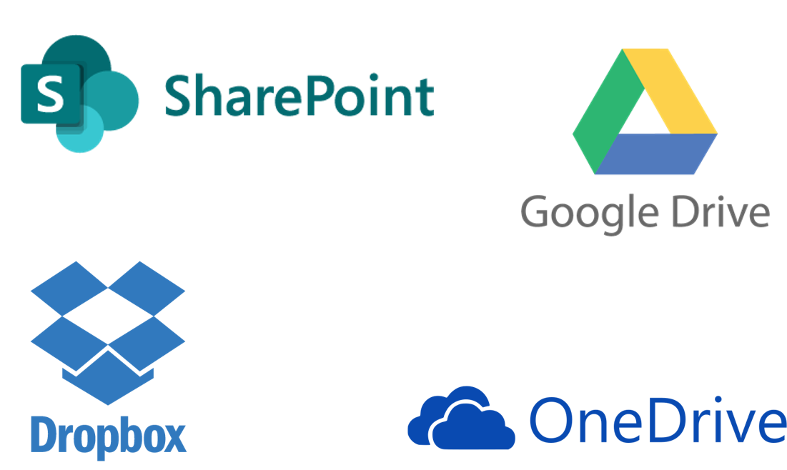 The image contains four logos. SharePoint, OneDrive, Google Drive, and Dropbox.