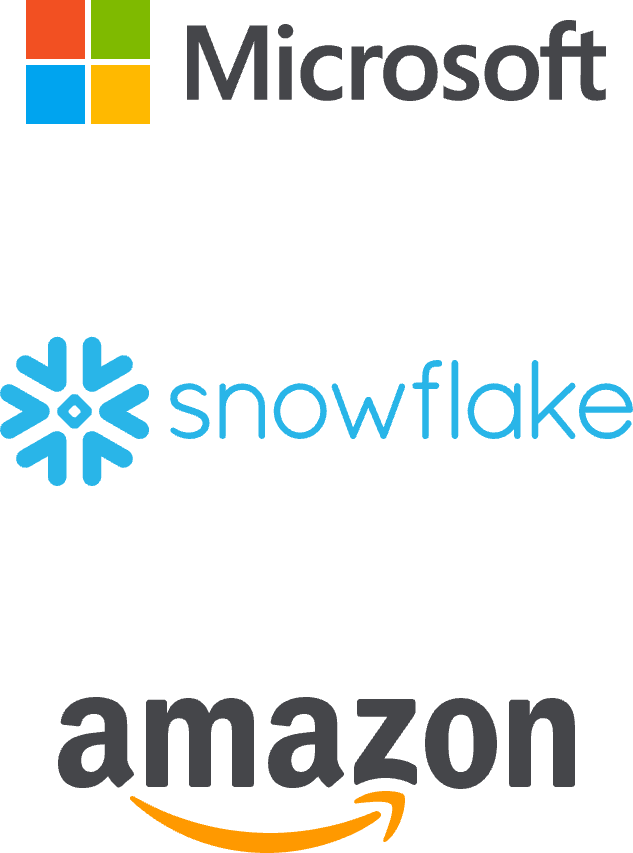 The image contains the logos of Microsoft, Amazon, and Snowflake.