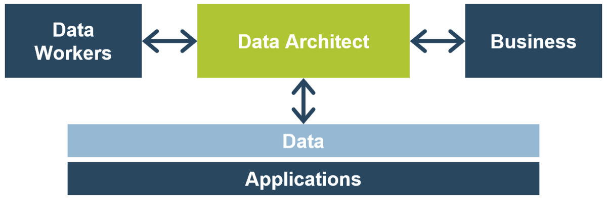 Visualization centering the 'Data Architect' as the bridge between 'Data Workers', 'Business', and 'Data & Applications'.