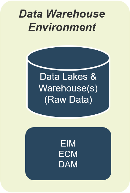 Tier 3 of Info-Tech's Five Tier Data Architecture, 'Data Warehouse Environment' which includes 'Data Lakes & Warehouse(s) (Raw Data)', 'EIM, ECM, DAM'.