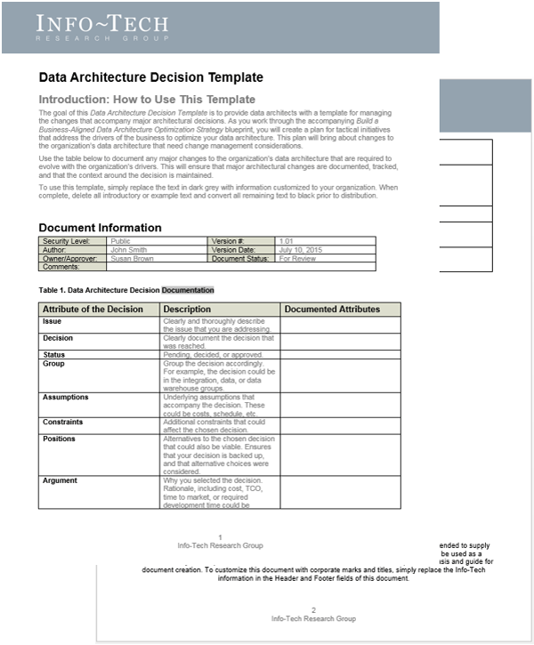 Sample of the Data Architecture Decision Template.