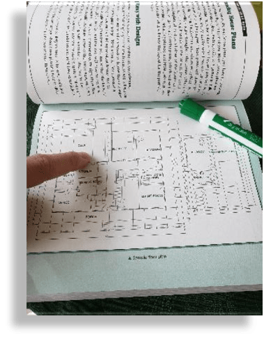 An open book with a finger pointing to a diagram.
