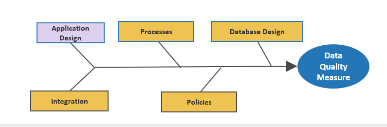 The image shows a fishbone diagram, with the following sections, from left to right: Application Design; Integration; Processes; Policies; Database Design; Data Quality Measure. The Application Design section is highlighted.