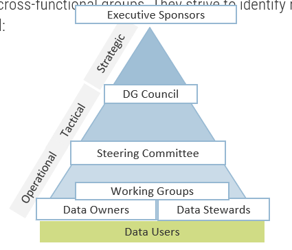The image shows a pyramid, with Executive Sponsors at the top, with the following roles in descending order: DG Council; Steering Committee; Working Groups; Data Owners and Data Stewards; and Data Users. Along the left side of the pyramid, there are three labels, in ascending order: Operational, Tactical, and Strategic.