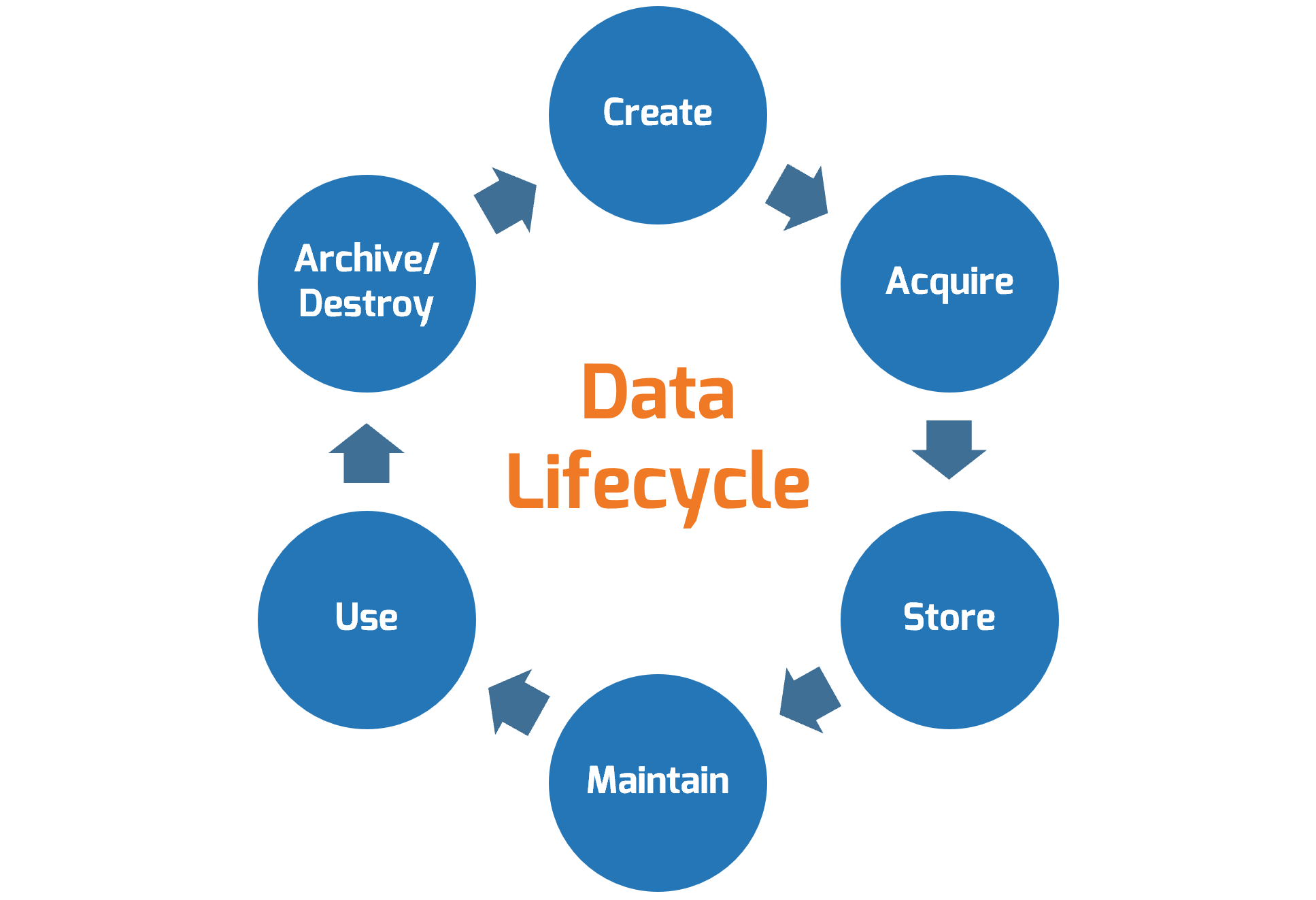 'Data Lifecycle' with steps 'Create', 'Acquire', 'Store', 'Maintain', 'Use', and 'Archive/Destroy'.
