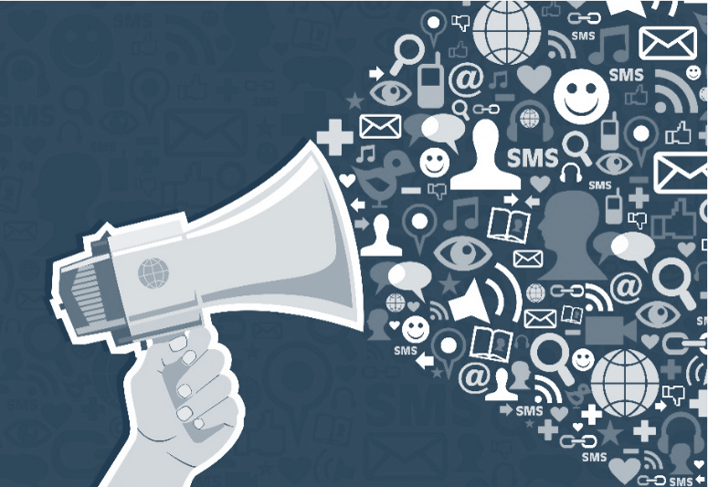 Stock image of a megaphone with multiple icons pouring from its opening.