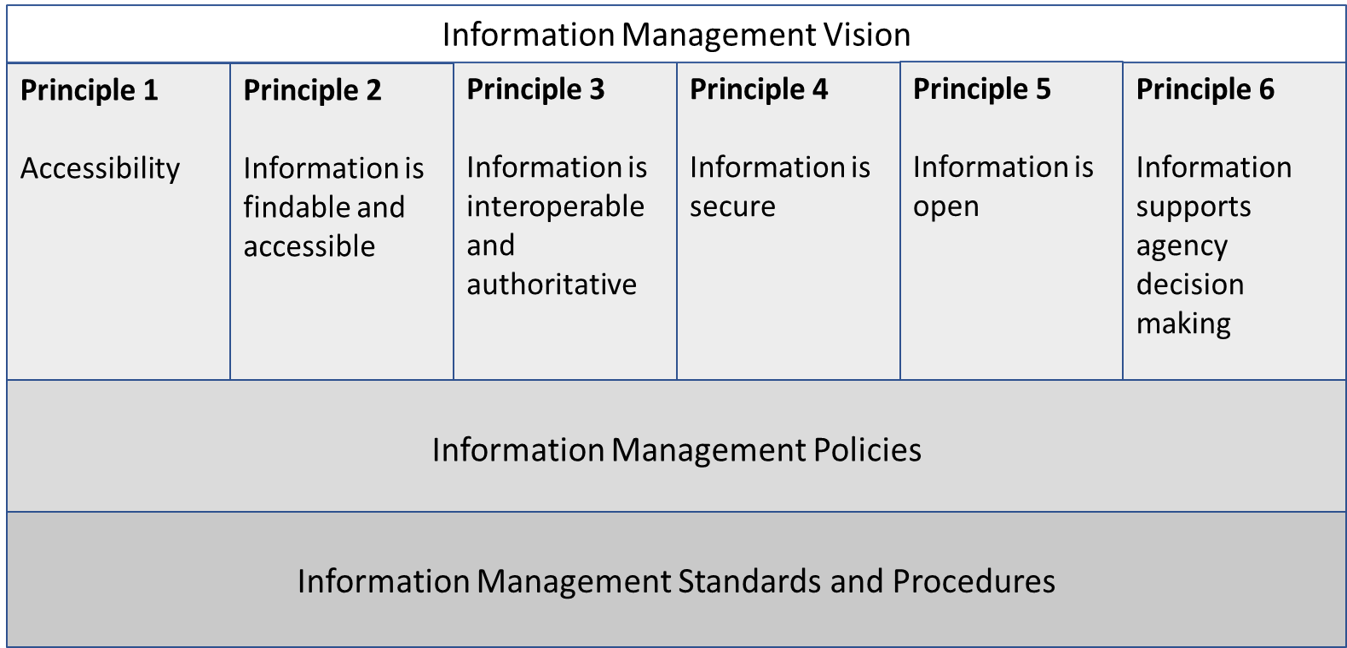 Information management framework with 'Information Management Vision' above six principles. Below them are 'Information Management Policies' and 'Information Management Standards and Procedures.'
