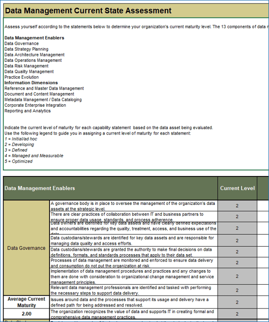Sample of the 'Data Management Current State Assessment' form the Data Management Assessment and Planning Tool.