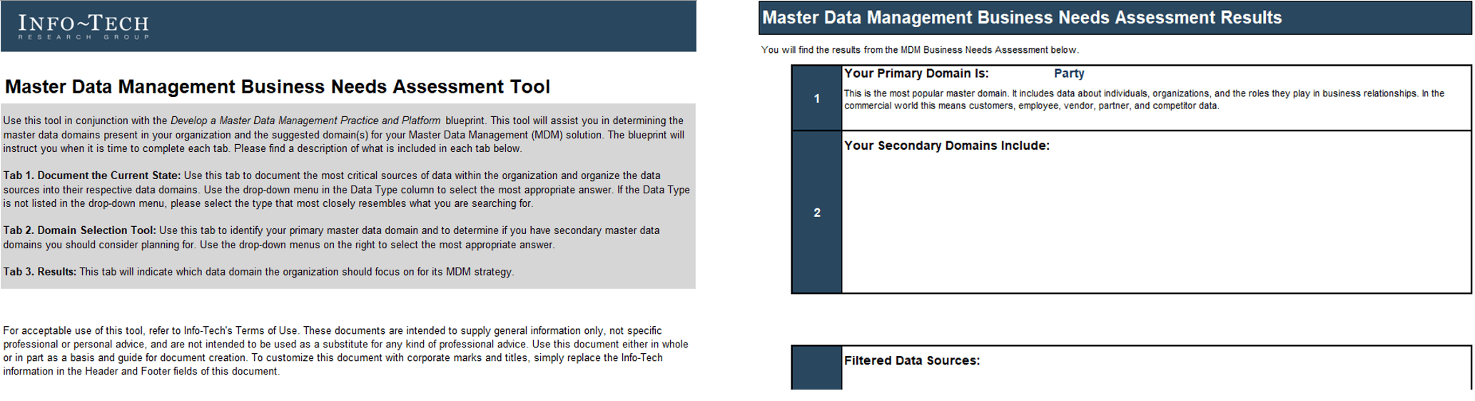 The image contains screenshots of the Master Data Management Business Needs Assessment Tool.