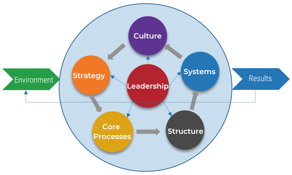 A visual of the many moving parts in an effective practice; there are 6 smaller circles in a large circle, an input arrow labelled 'Environment', an output arrow labelled 'Results', and a thin arrow connecting 'Results' back to 'Environment'. Of the circles, 'Leadership' is in the center, connected to each of the others, while 'Culture', 'Strategy', 'Core Processes', 'Structure', and 'Systems' create a cycle. 