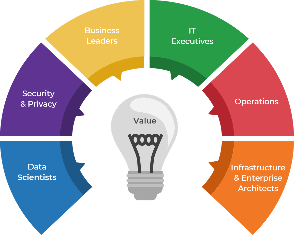 Lightbulb with the word 'Value' surrounded by categories relative to the adjacent paragraph, 'Data Scientists', 'Security and Privacy', 'Business Leaders', 'IT Executives', 'Operations', and 'Infrastructure & Enterprise Architects'.