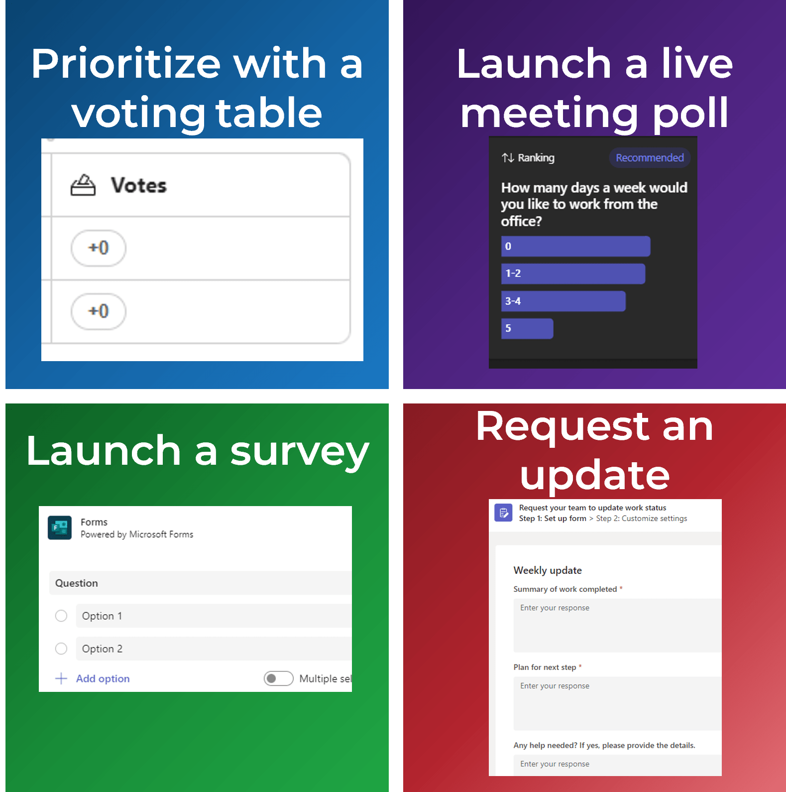 Samples of four features: 'Prioritize with a voting table', 'Launch a live meeting poll', 'Launch a survey', and 'Request an update'.