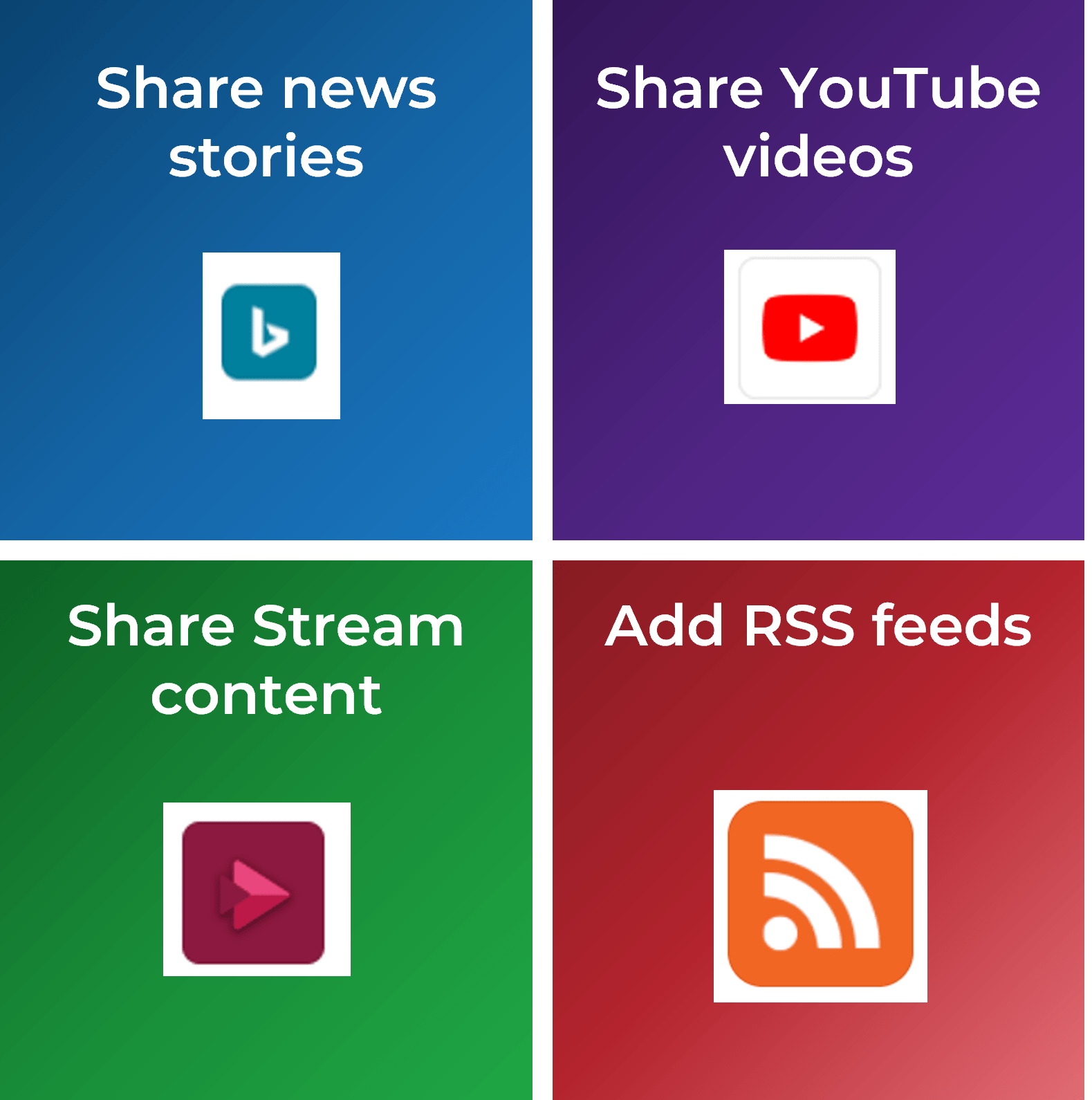 Samples of four features: 'Share news stories', 'Share YouTube videos', 'Share Stream content', and 'Add RSS feeds'.