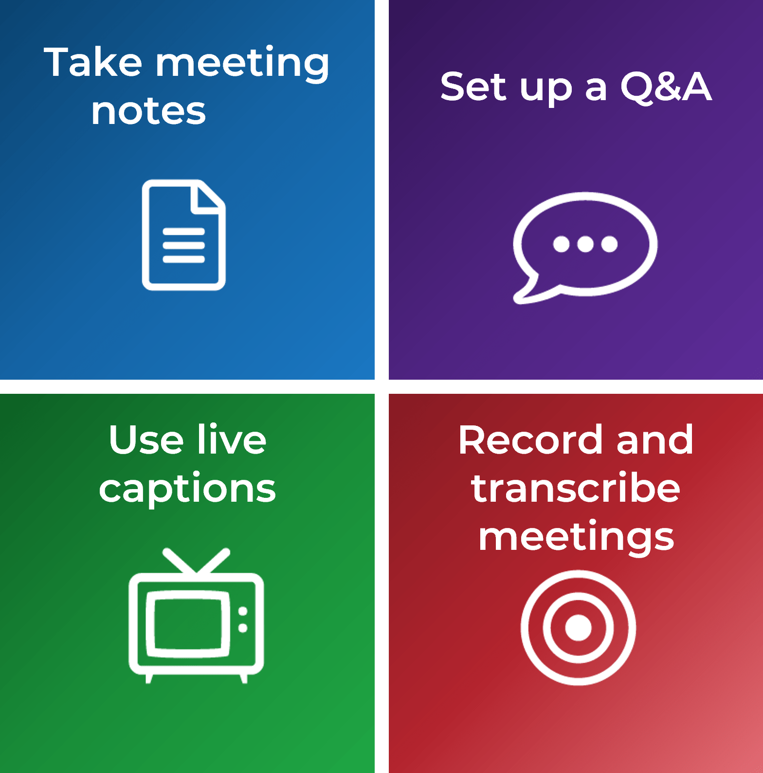 Samples of four features: 'Take meeting notes', 'Set up a Q&A', 'Use live captions', and 'Record and transcribe meetings'.