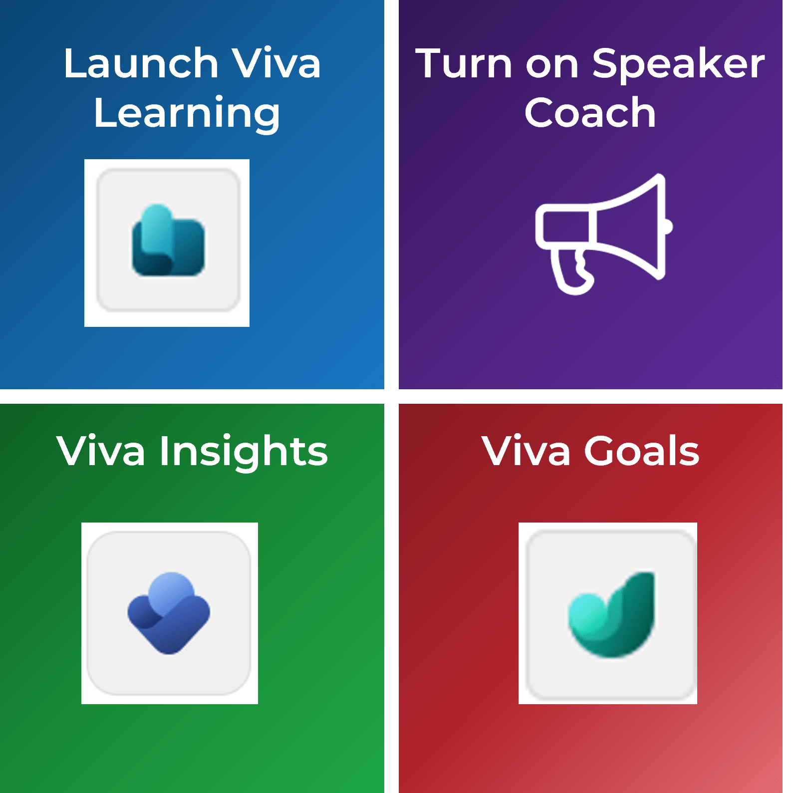 Samples of four features: 'Launch Viva Learning', 'Turn on Speaker Coach', 'Viva Insights', and 'Viva Goals'.