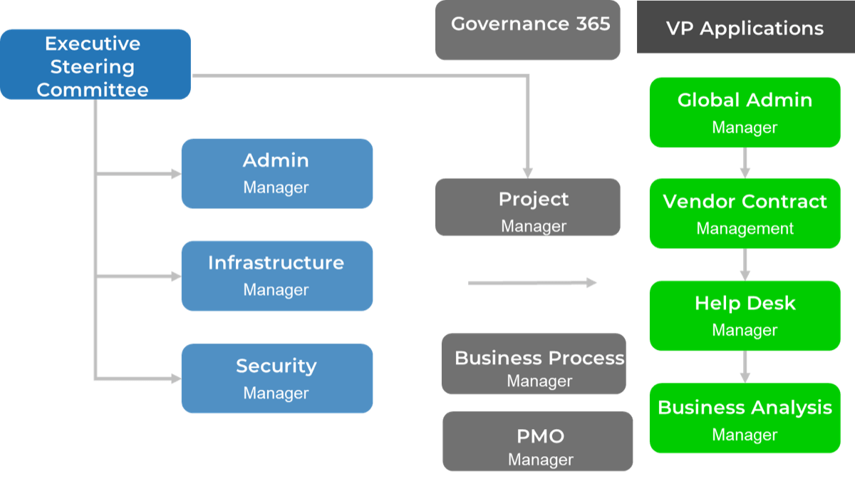 a flow chart is depicted, starting with the executive steering committee, describing governance 365, and VP applications.