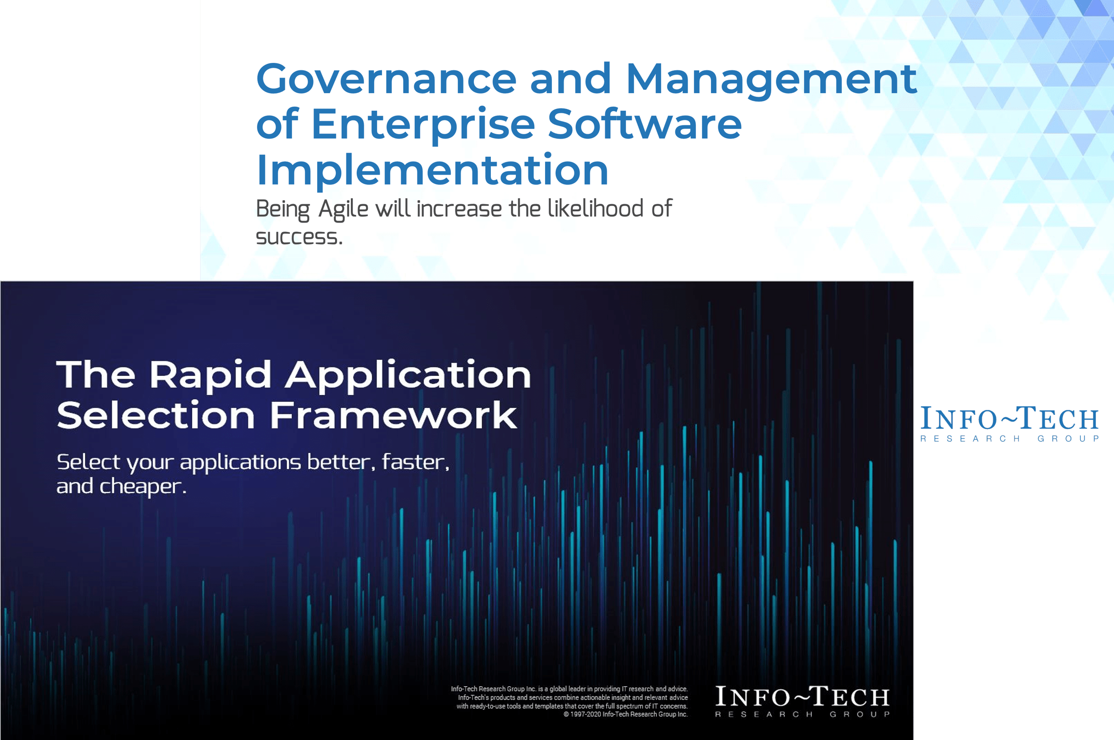 This is a screenshot of the title pages from INfo-tech's Governance and management of enterprise Software Implementaton; and The Rapid Applicaton Selection Framework.