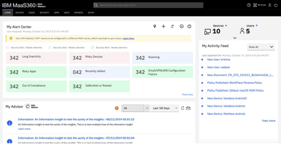 Screenshot of IBM MaaS360's dashboard.