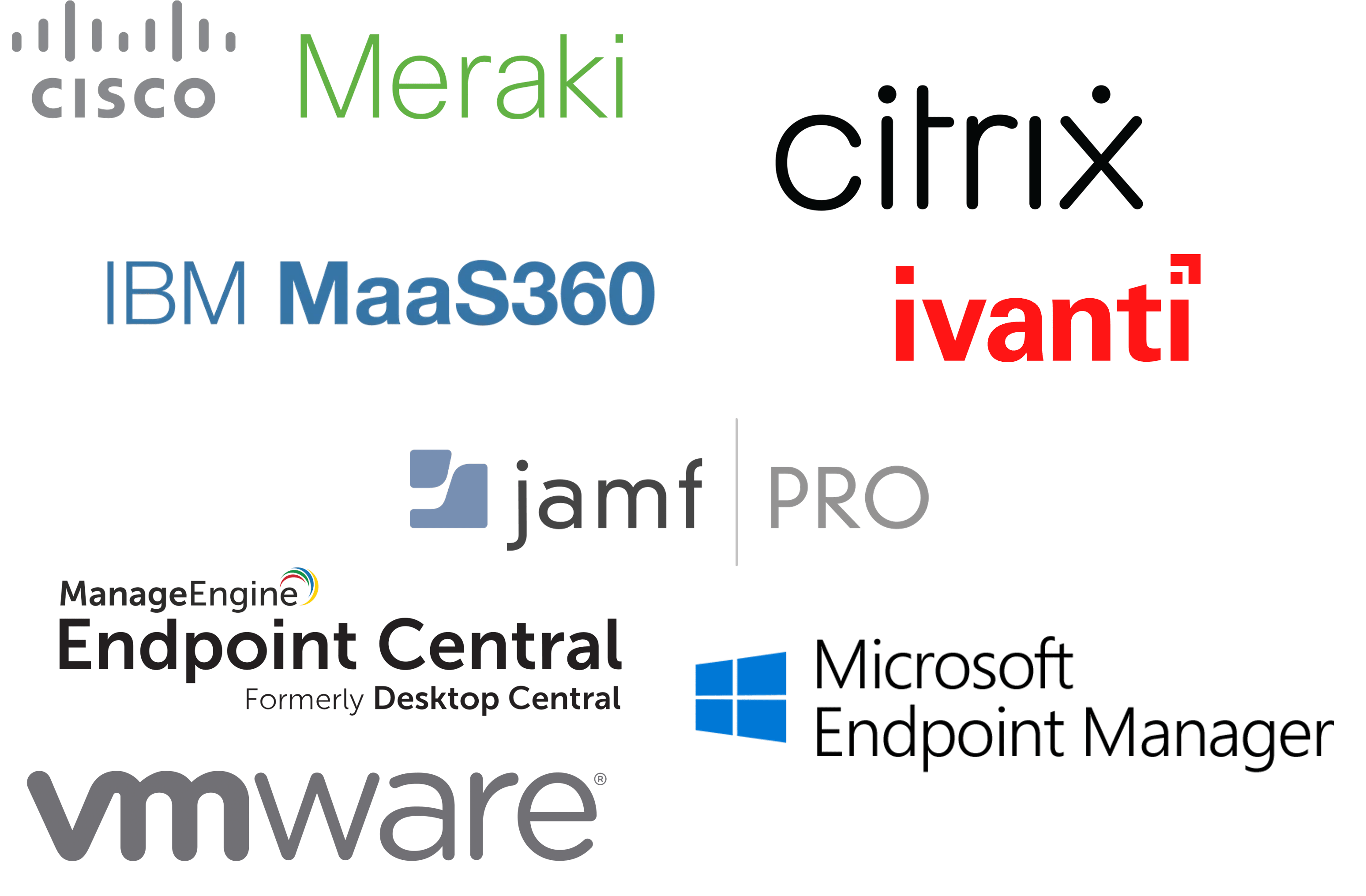 A screenshot showing a series of logos for the companies addressed later in this blueprint. It includes: Ciso; Meraki; Citrix; IBM MaaS360; Ivanti; Jamf|Pro; ManageEngine Endpoint Central; Microsoft Endpoint Manager, and VMWARE.