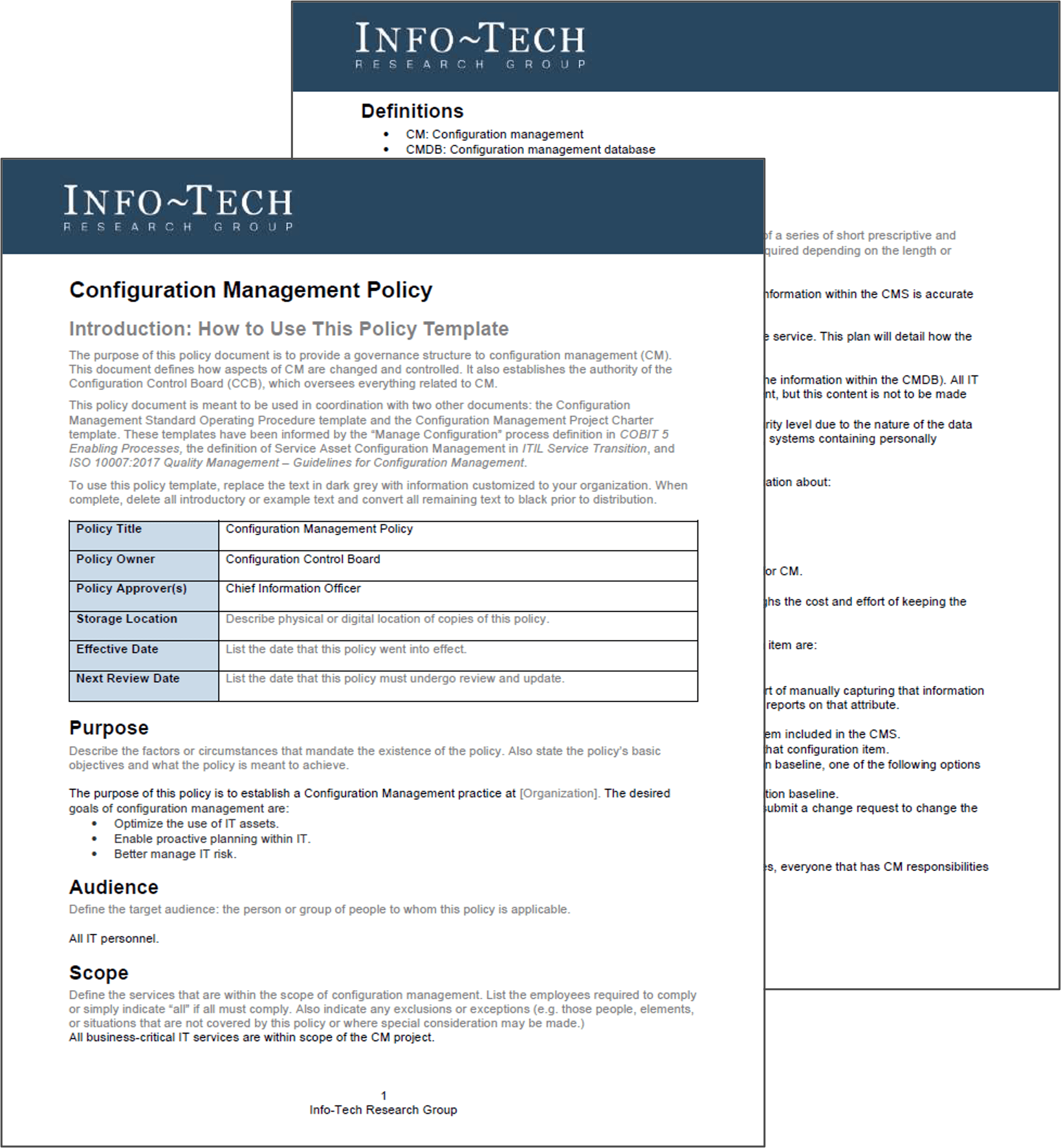 Two screenshots from the Configuration Management Policy template