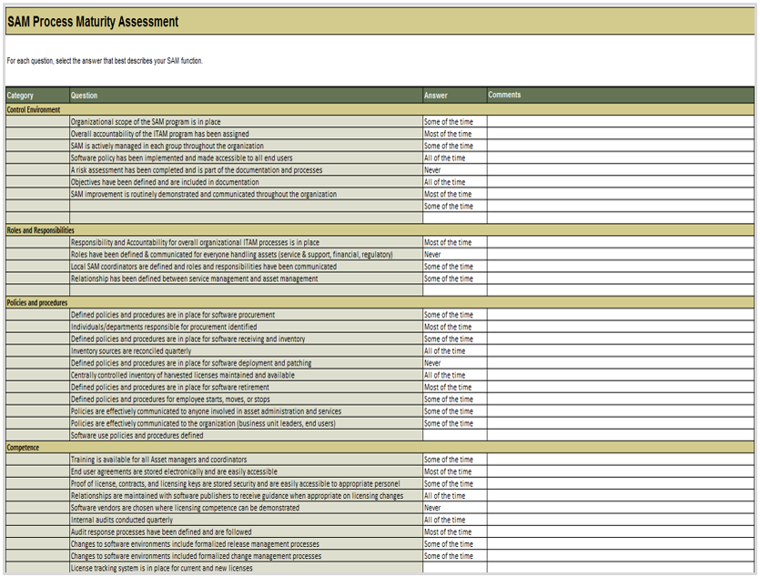 Screenshot of the processes page from the SAM Maturity Assessment Tool.