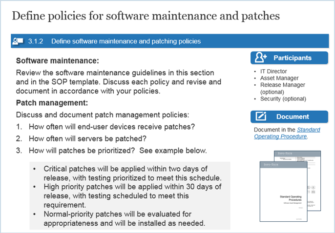 Sample of activity 3.1.2 'Define policies for software maintenance and patches'.